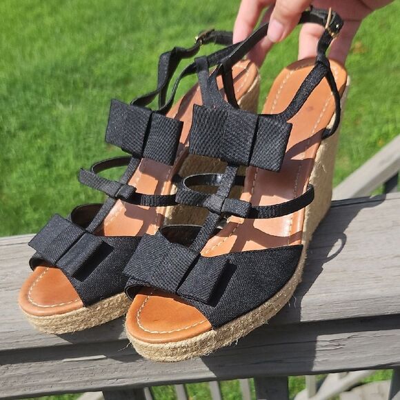 Kate Spade Black Bow Espadrille Wedge Sandals Size 11 - Picture 1 of 6
